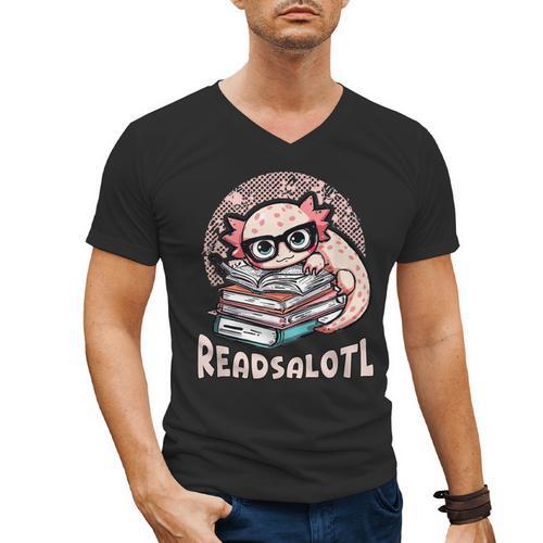 Readsalotl Axolotl Reading Books Glasses Bookworm Pun Fun Men's V-Neck T-Shirt - Bookorys CA