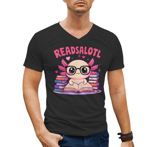 Readsolotl Pink Kawaii Axolotl Book Lover Reading Men's V-Neck T-Shirt - Bookorys