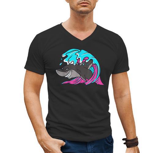 Retro 80s Shark Whale Diving Nostalgia Shark Party Men's V-Neck T-Shirt - Figerry