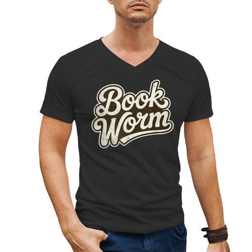 Retro Book Worm Reading For Book Lovers Men's V-Neck T-Shirt - Bookorys