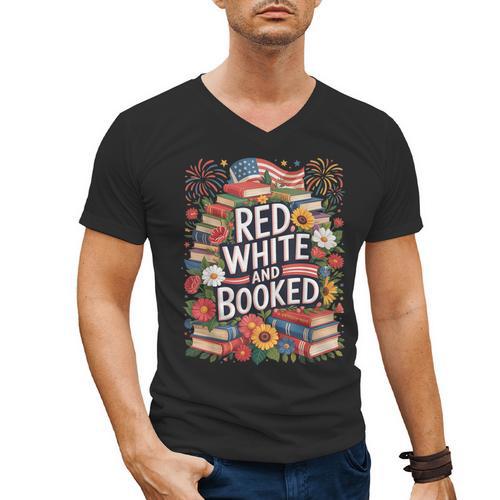 Retro Floral Red & Booked Library Reading 4th Of July Men's V-Neck T-Shirt - Bookorys AU