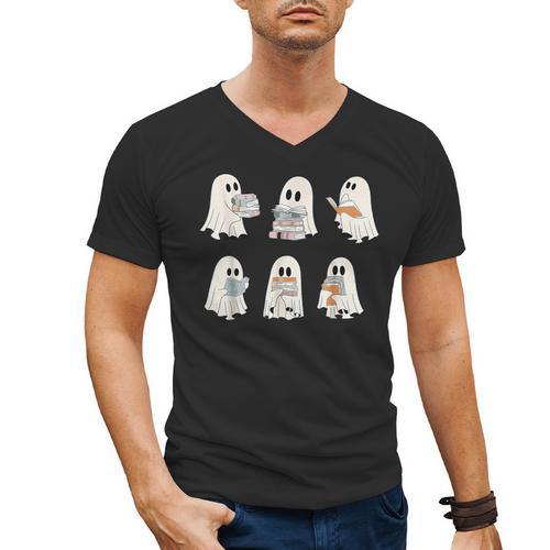 Retro Ghost Reading Books Halloween Bookish Ghost Bookworm Men's V-Neck T-Shirt - Bookorys
