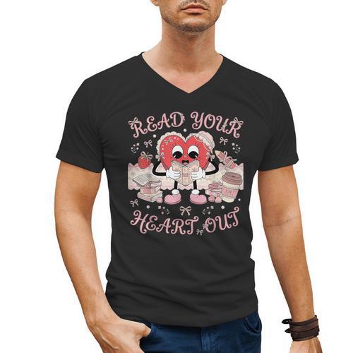 Retro Read Your Heart Out Valentine’s Day Teacher Book Lover Men's V-Neck T-Shirt - Bookorys CA