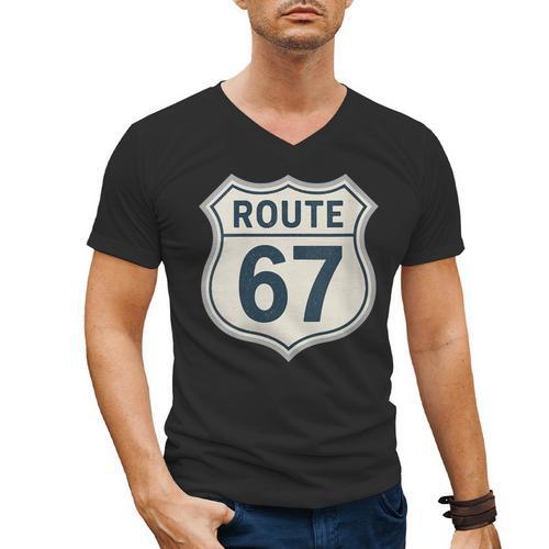 Retro Route 67 Highway Sign Vintage Road Nostalgia Men's V-Neck T-Shirt - Figerry