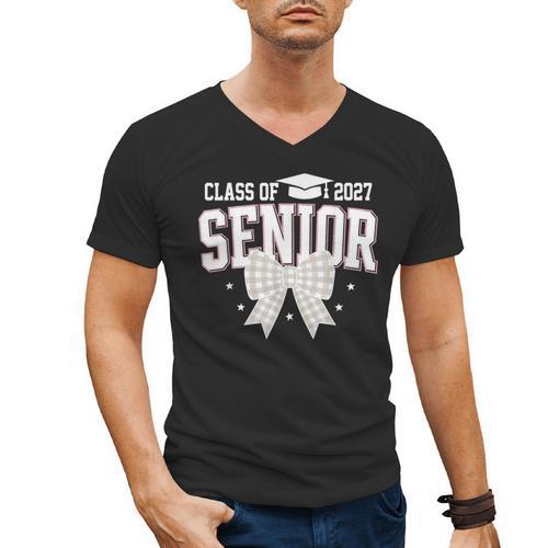 Retro Senior 2027 Girl Coquette Bow Class Of 2027 Graduation Men's V-Neck T-Shirt - Best Gift Smart
