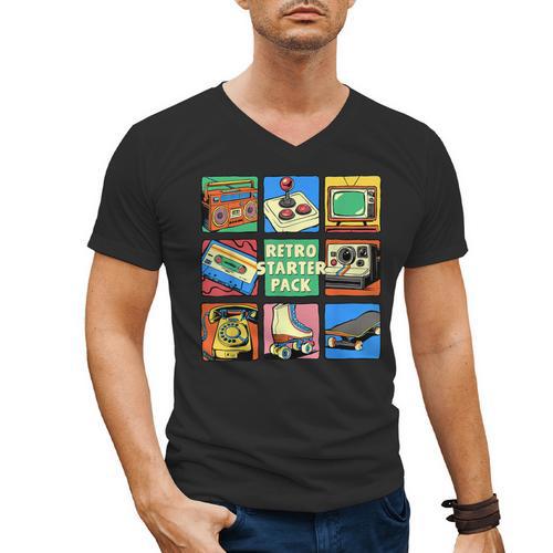 Retro Starter Pack 80s 90s Vintage Nostalgia Cassette Tape Men's V-Neck T-Shirt - Figerry