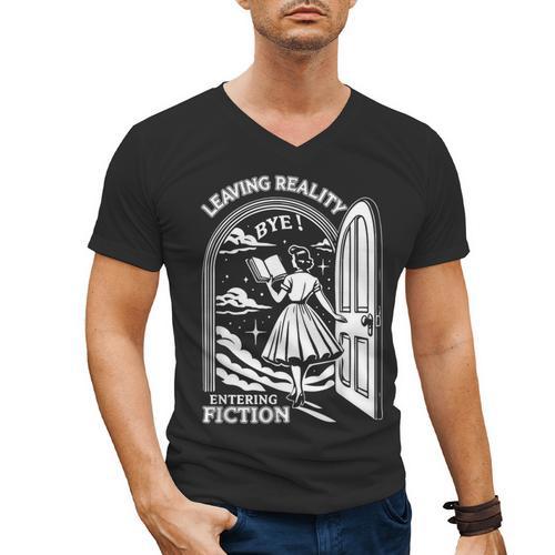 Retro Trendy Bookish Book Lover Reading Quotes Leaving Reality Entering Fiction -Adults Small Short Sleeve T-Shirt Men's V-Neck T-Shirt - Bookorys