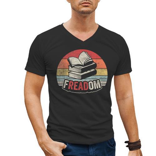 Retro Vintage FREADom Anti Ban Books Freedom To Read Men's V-Neck T-Shirt - Bookorys CA