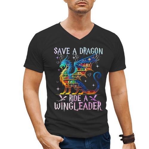 Save A Dragon Ride A Wingleader Books Dragon Lover Cute Men's V-Neck T-Shirt - Bookorys AU