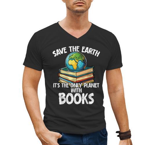 Save The Earth It’s The Only Planet With Books Men's V-Neck T-Shirt - Bookorys DE