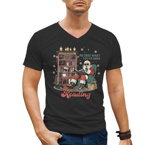 He Sees What You'Ve Been Reading Santa Christmas Bookish Men's V-Neck T-Shirt - Bookorys CA