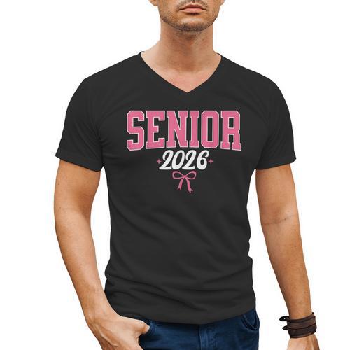 Senior 2026 Pink Coquette Bow Class Of 2026 Graduation Women Men's V-Neck T-Shirt - Best Gift Smart