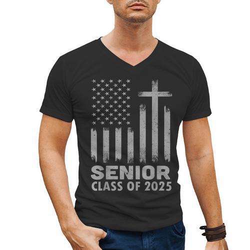 Senior Class Of 2025 USA Flag Cross Christian Graduation Men's V-Neck T-Shirt - Best Gift Smart
