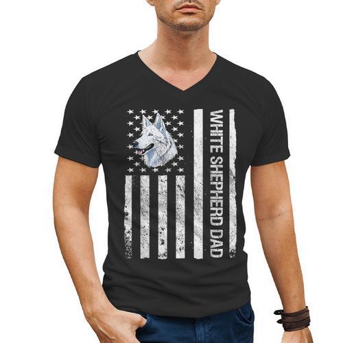 Shepherd Dad USA Flag White German Shepherd Men's V-Neck T-Shirt - Father's Day Fun