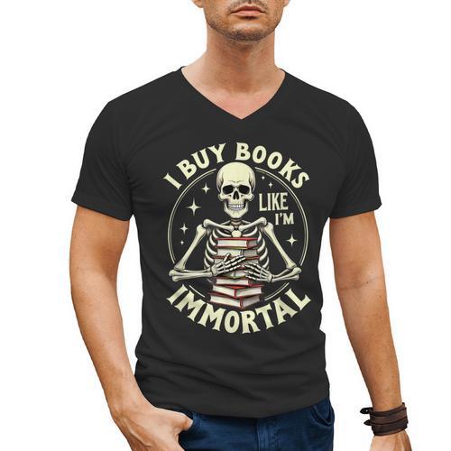 Skeleton I Buy Books Like I'm Immortal Halloween Men's V-Neck T-Shirt - Bookorys