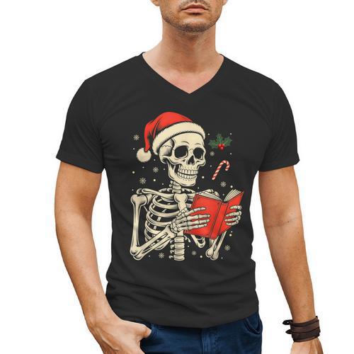 Skeleton Reading Book Christmas Teacher Librarian Book Lover Men's V-Neck T-Shirt - Bookorys