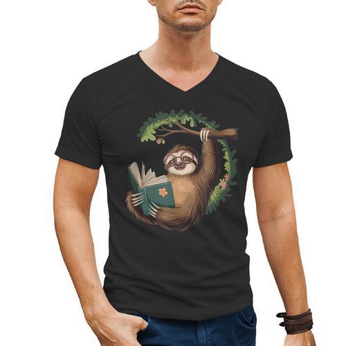 Sloth Reading a Book Lazy Sloth Bookworm Men's V-Neck T-Shirt - Bookorys DE