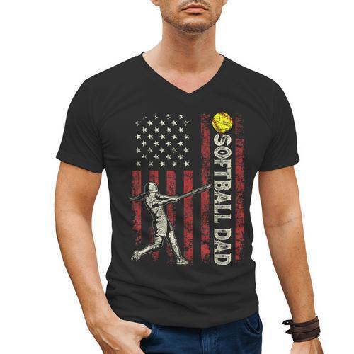 Softball Dad US Flag For Dad Men Patriotic Fathers Day Men's V-Neck T-Shirt - Father's Day Fun