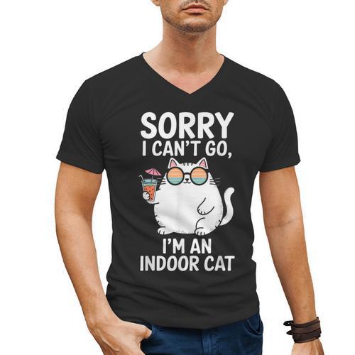 Sorry I Can’t Go I’m An Indoor Cat Introvert Cat Men's V-Neck T-Shirt - Raresse