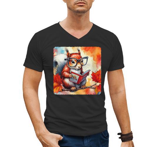 Squirrel Reading Comic Book On Autumn Branch Glasses Leaves Men's V-Neck T-Shirt - Bookorys