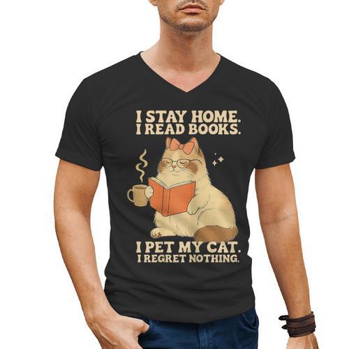 I Stay Home I Read Books I Pet My Cat I Regret Nothing Women Men's V-Neck T-Shirt - Bookorys AU