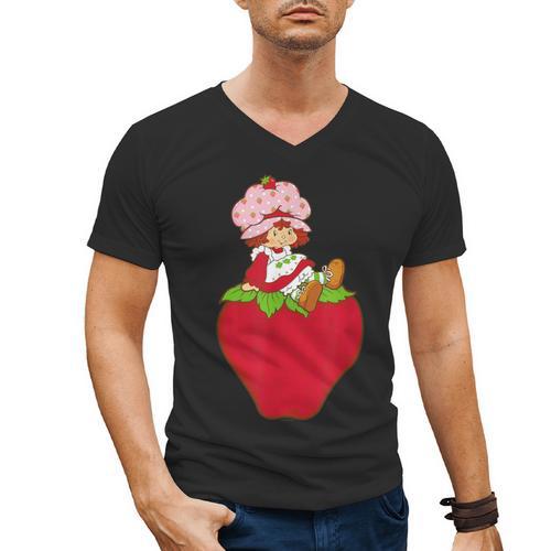 Strawberry Shortcake Sitting On Strawberry Retro Nostalgia Men's V-Neck T-Shirt - Figerry