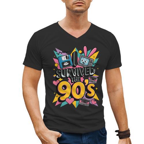 I Survived The 90s – Cute Retro Cartoon Nostalgia Men's V-Neck T-Shirt - Figerry