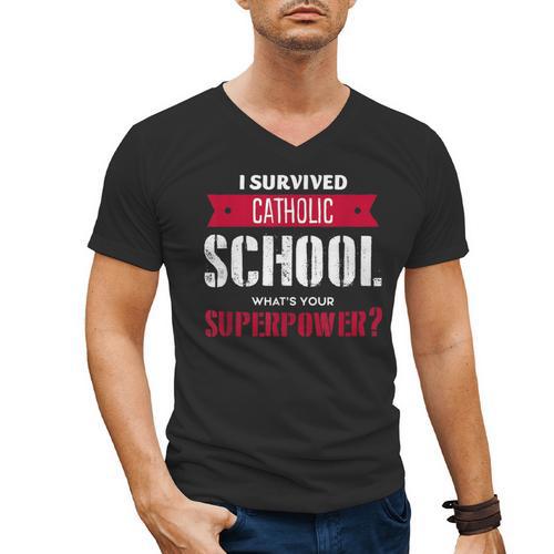 I Survived Catholic School Shirt Catholic Graduation Men's V-Neck T-Shirt - Best Gift Smart