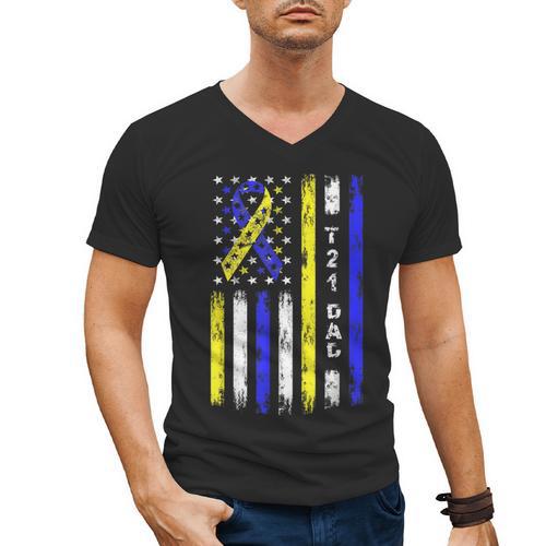 T21 Dad American Flag Down Syndrome Awareness Men's V-Neck T-Shirt - Father's Day Fun