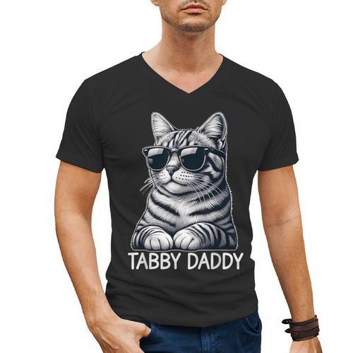 Tabby Daddy Cat Dad Graphic Grey Tabby Cat Lover Men's V-Neck T-Shirt - Father's Day Fun