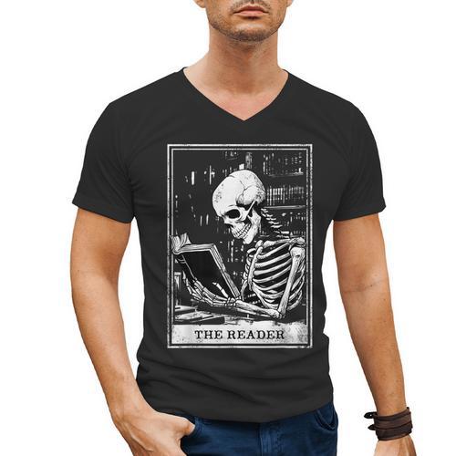 Tarot Card Shirt The Reader Tarot Skeleton Reading Book Men's V-Neck T-Shirt - Bookorys CA