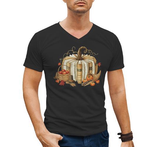 Teacher Book Pumpkin Fall Reading Thanksgiving Autumn Men's V-Neck T-Shirt - Bookorys
