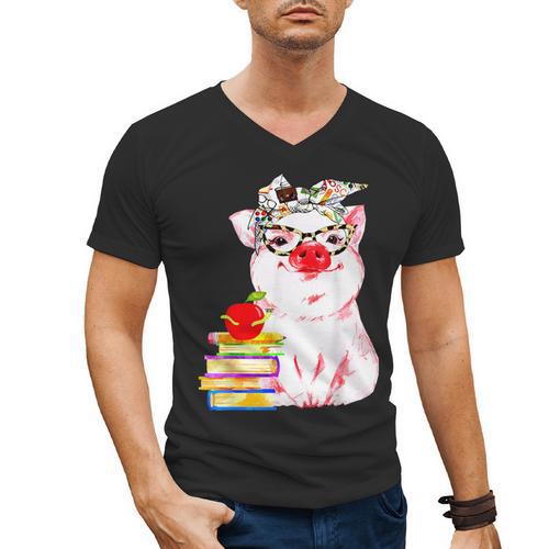 Teacher Pig Cute Farm Animal Book Lover School Student For Men Women Kids Men's V-Neck T-Shirt - Bookorys