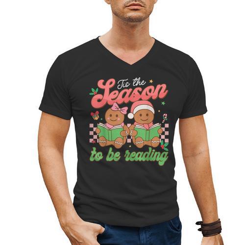 Tis The Season Book Reading Gingerbread Teacher Librarian Men's V-Neck T-Shirt - Bookorys UK
