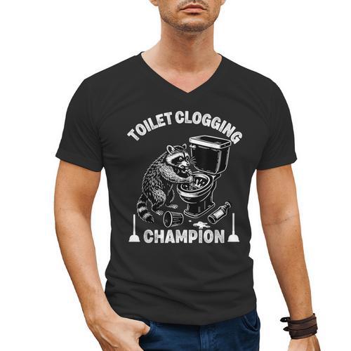 Toilet Clogging Champion Dad Joke Raccoon Trash Panda Men's V-Neck T-Shirt - Father's Day Fun
