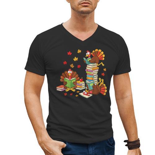 Turkey Reading Books Fall Librarian Book Lover Teacher Kids Men's V-Neck T-Shirt - Bookorys DE