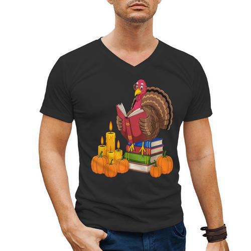 Turkey Reading Books Fall Thanksgiving Teacher Book Men's V-Neck T-Shirt - Bookorys DE