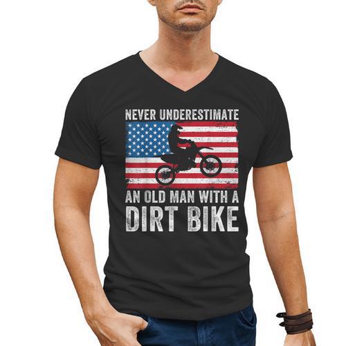 Never Underestimate An Old Man With A Dirt Bike Grandpa Dad Men's V-Neck T-Shirt - Father's Day Fun