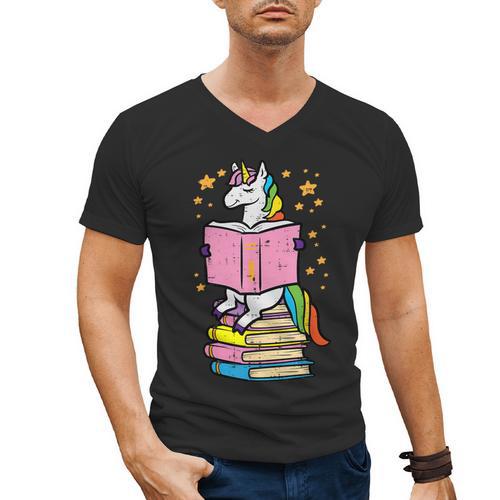 Unicorn Read Reading Book Librarian America Girls Women Men's V-Neck T-Shirt - Bookorys DE