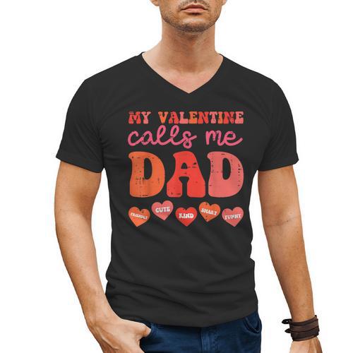 My Valentine Calls Me Dad Retro Groovy Family Daddy Papa Men Men's V-Neck T-Shirt - Father's Day Fun