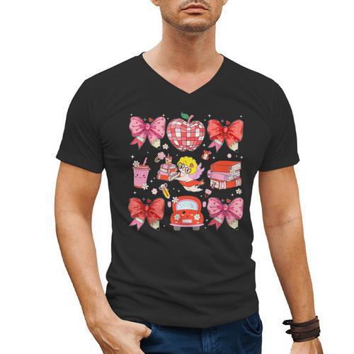 Valentine Cupid Coquette Pink Bow Apple Books Teacher Men's V-Neck T-Shirt - Bookorys DE