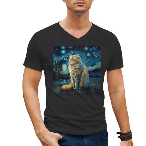 Van Gogh Starry Night Cat For Cat Lover Cat Mom And Cat Dad Men's V-Neck T-Shirt - Father's Day Fun