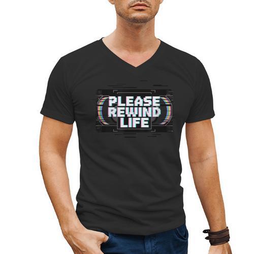 VHS Tape Rewind Glitch 90s Retro Nostalgia Please Rewind Men's V-Neck T-Shirt - Figerry