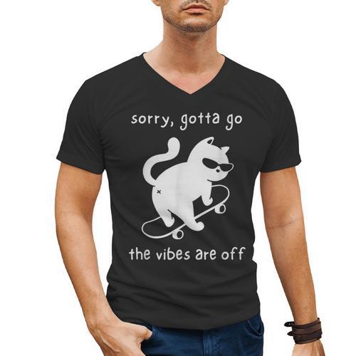 Vibes Are Off Cat Skateboard Introvert Sarcastic Humor Men's V-Neck T-Shirt - Raresse