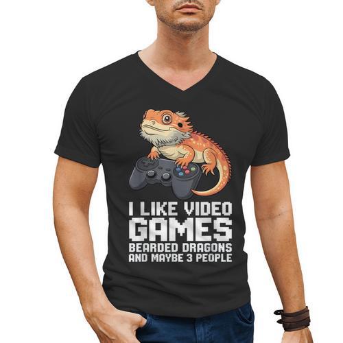 I Like Video Games Bearded Dragon Gamer Introvert Mood Men's V-Neck T-Shirt - Raresse