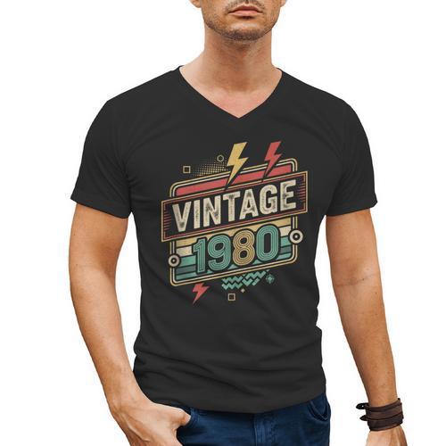 Vintage 1980 Retro Badge Decade Nostalgia Graphic Emblem Men's V-Neck T-Shirt - Figerry