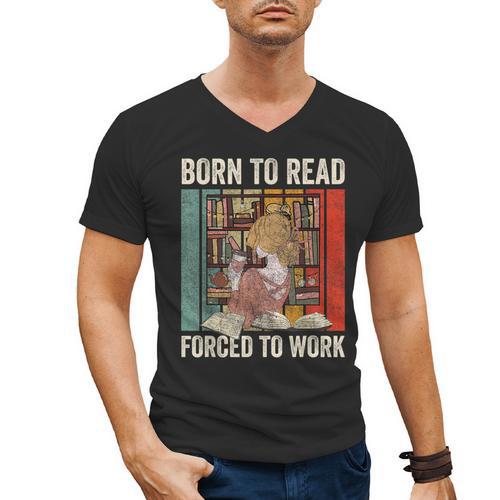 Vintage Born To Read Forced To Work Book Lover Reading Men's V-Neck T-Shirt - Bookorys