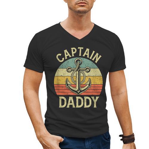 Vintage Captain Daddy Boat Pontoon Dad Fishing Sailor Anchor Men's V-Neck T-Shirt - Father's Day Fun