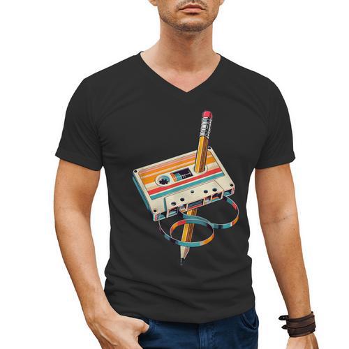 Vintage Cassette Tape And Pencil Nostalgia Party 70s 80s 90s Men's V-Neck T-Shirt - Figerry