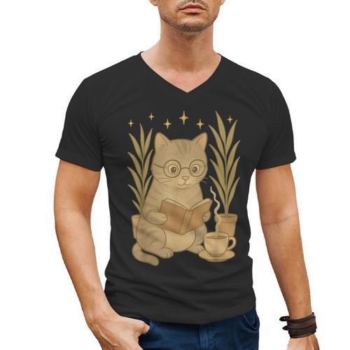 Vintage Cat Reading Book Lover Retro Kitten Cottagecore Men's V-Neck T-Shirt - Bookorys AU